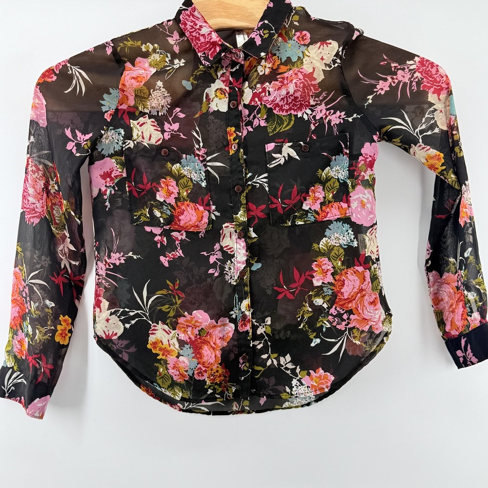 Truth NYC Shirt Womens Medium Sheer Floral Button Up Long Sleeve Blouse Top